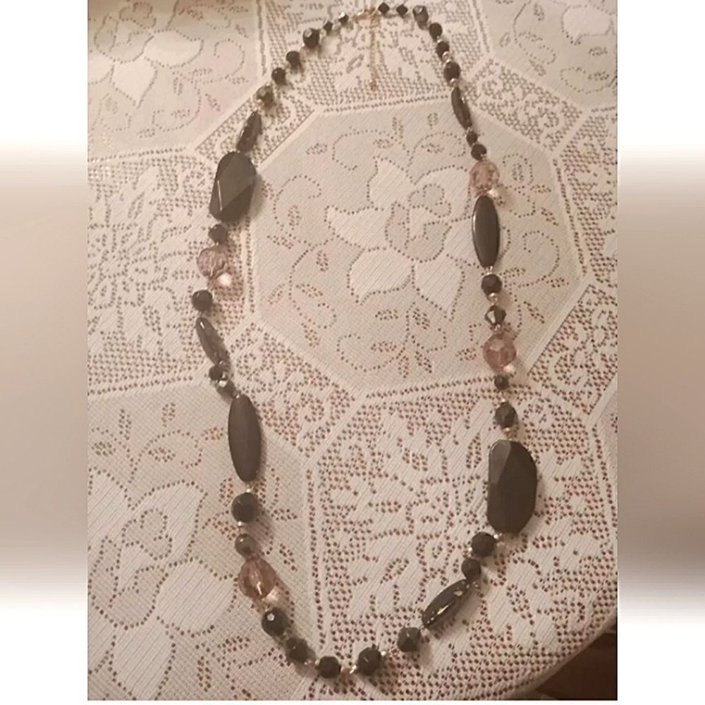 Vintage Avon 50" Beaded W/0blong Faux  Onyx  Stones Necklace W/3" Extension